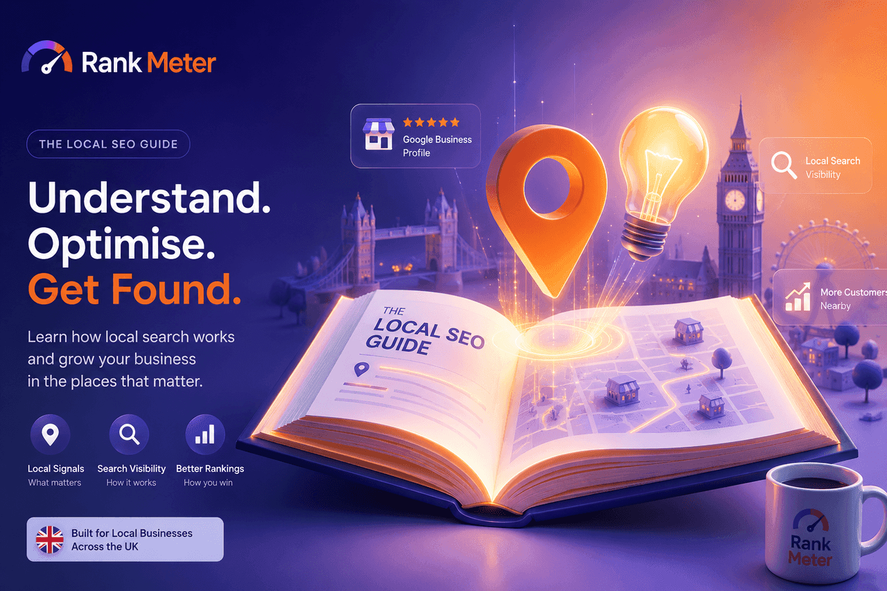 The Rank Meter local SEO guide — a UK business glowing on Google Maps